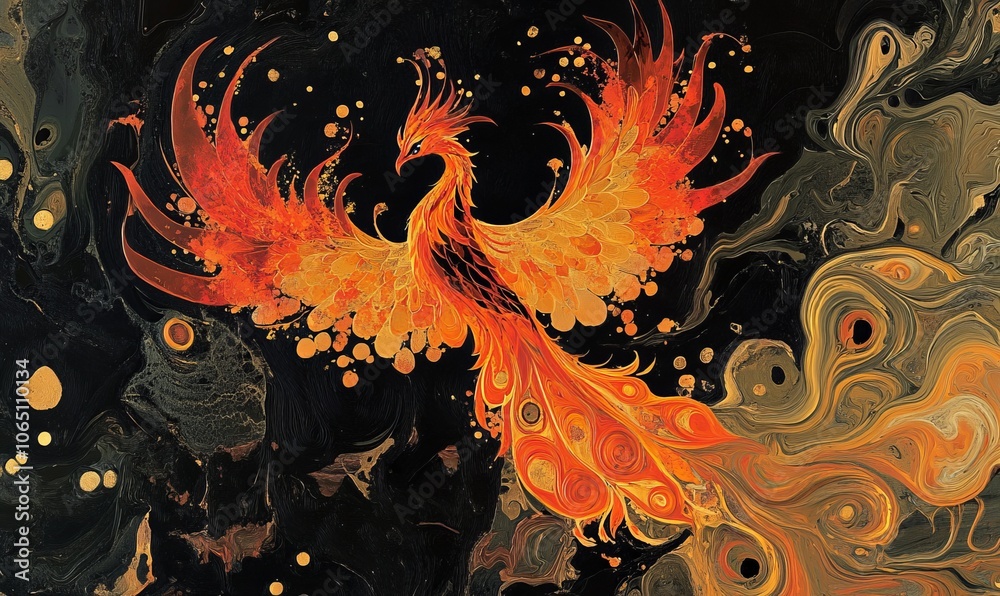 A phoenix reborn from ashes, its feathers a mix of radiant red, orange ...
