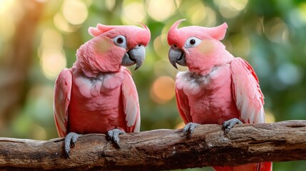 This image captures two pink parrots sitting closely on a branch, with a natural background highlighting their vibrant plumage and synchronized posture.