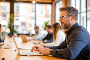 Poster - A man engages with his laptop while seated at a communal table in a stylish office space with coworkers nearby