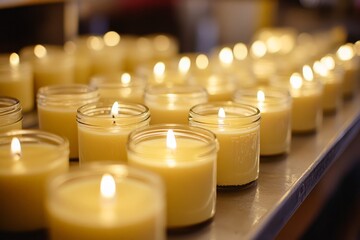 Aufkleber - The image showcases several glowing candles in glass jars, aligned neatly, casting a warm and serene ambiance perfect for relaxation or decorative purposes.