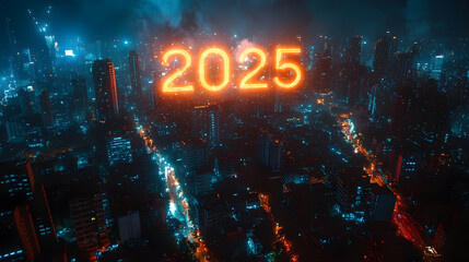 Aufkleber - A futuristic cityscape illuminated at night, with glowing lights and the year 