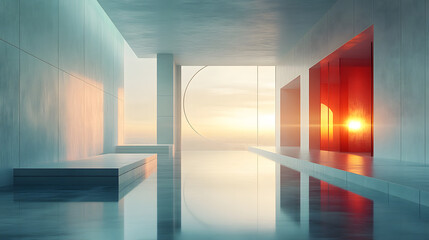 Fototapete - A serene, modern interior with large windows reflecting the sunset, featuring minimalistic design and smooth surfaces creating a tranquil atmosphere.