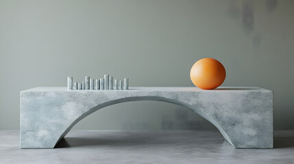 Poster - A modern, minimalistic table with a curved design, topped by a vibrant orange sphere, set against a softly textured gray wall.