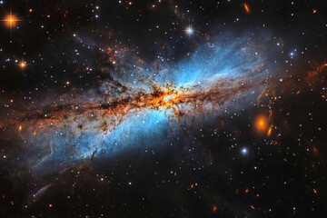 Poster - A dynamic star formation spreads across the cosmic scene with fiery orange and cool blue hues, illustrating the grandeur and chaos of the expanding universe.