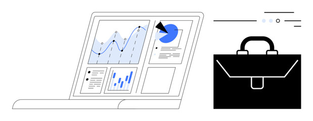 Poster - laptop screen displaying data graphs, charts, and analytics beside a briefcase. ideal for business, 