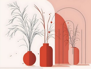 Abstract composition featuring two vases with minimalistic plant designs. The warm color palette of reds and beige creates a modern and serene atmosphere.