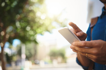 Poster - Man, hands and phone for message in city, worker and travel consultant with guide app in town. Male person, professional and search for direction on website, outdoor and communication on commute