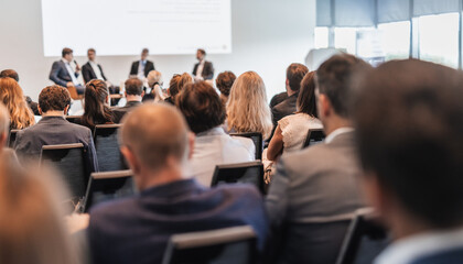 Wall Mural - interview and round table discussion at business convention and presentation. audience at the confer
