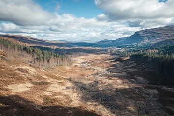 Poster - An expansive view of a highland valley surrounded by forests under vast clouds in the sky, showcasing the natural beauty and serenity of the landscape.