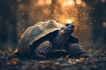 Aufkleber - An image of a tortoise illuminated amidst shimmering mystical lights in a natural setting, creating an ethereal visual experience filled with tranquility and wonder.