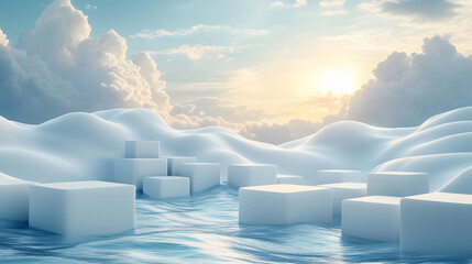 Poster - A serene landscape featuring icebergs floating in shimmering water beneath a bright sky with soft clouds and sunlight.