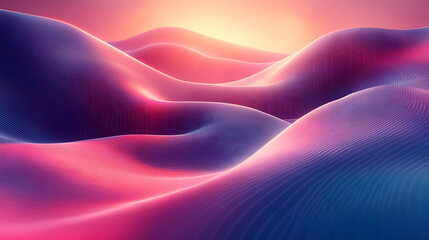 Poster - A vibrant, abstract landscape featuring rolling hills with a gradient of pink and blue tones under a soft glowing horizon.
