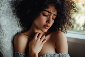Aufkleber - A serene young woman leans against a window wearing a cozy sweater, her eyes closed in a moment of peaceful introspection and mindfulness amidst natural light.