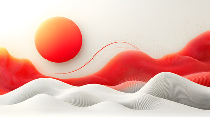 Poster - A vibrant, abstract landscape featuring a large red sun against stylized waving hills of red and white, creating a dynamic and modern visuals.