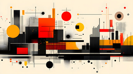 Aufkleber - A vibrant abstract composition featuring geometric shapes and a bold color palette of red, yellow, black, and white.