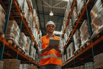 Poster - Confident warehouse worker in orange safety vest and white hard hat holding a digital tablet. He's managing inventory amidst tall shelves filled with boxes in a well-organized warehouse.