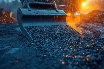 Excavator Bucket Unloading Hot Asphalt Gravel