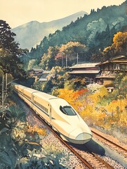 A modern train traveling through a scenic landscape with mountains and trees in vibrant autumn colors.