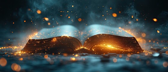 Open ancient book with magic sparks and smoke.