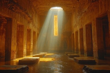 Wall Mural - Sunbeam Illuminating an Ancient Stone Hallway with Water