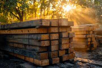 Stacked Wooden Beams in Sunlight with Bokeh Background