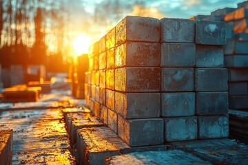 Poster - Stacked Concrete Blocks in Golden Sunset Light