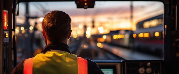 Poster - A train driver looks out of his cab window at a train station in the distance as the sun sets in the background.