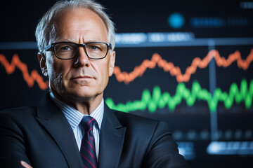 Poster - A confident businessman stands with arms crossed in front of vibrant market trend graphs showing financial success