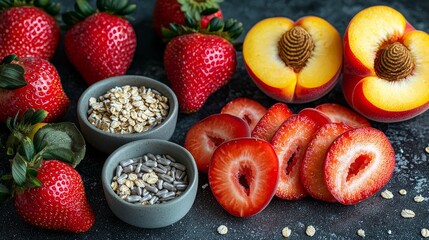 Savor the freshness enjoying plump strawberries and juicy peaches with nutritious oats