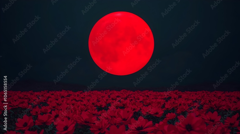 Ominous blood moon looms over an eerie mystical higanbana flower field ...