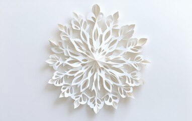 Snowflake Cutout Single large paper snowflake with intricate cutouts, modern holiday decoration on bright white background 