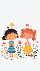 Cheerful Illustration of Two Girls Praying Surrounded by Flowers