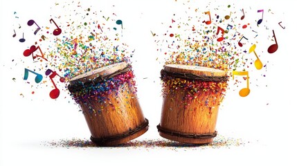 Wall Mural - Two percussion instruments are surrounded by an explosion of colorful notes and confetti, representing the vibrant energy and joy of musical performance.