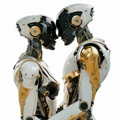 Poster - Two white and gold robots with black details looking at each other on white background