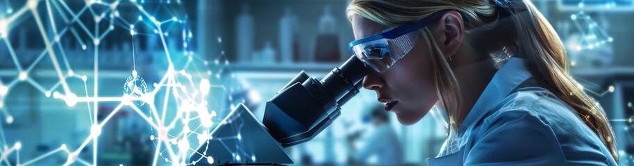 Aufkleber - In a laboratory setting, a scientist is seen using a microscope paired with a digital network overlay, highlighting the seamless integration of technology in scientific research and progress