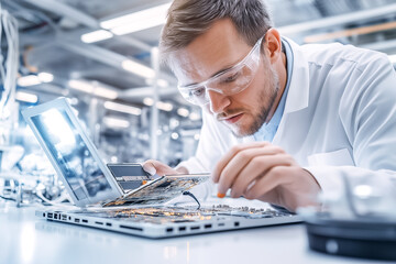 Poster - A technician carefully inspects a circuit board in a high-tech electronics lab, focusing on intricate details