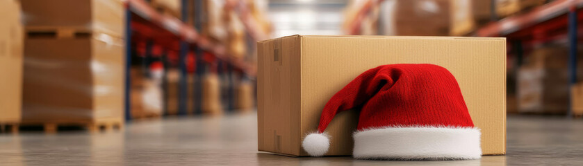 cardboard box and santa claus hat in a goods delivery warehouse ai generative