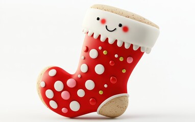 3D stocking-shaped cookie character with red and white icing, decorated with candy buttons, smiling face, classic and festive on a white background 