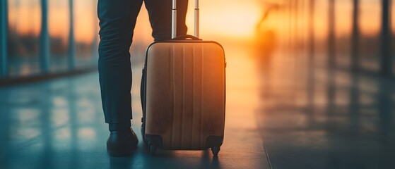 Close up of a businessman s hand firmly grasping the handle of a suitcase with soft warm sunlight illuminating the scene  This image conveys a sense of professionalism travel