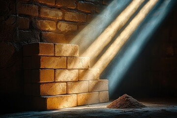 Poster - A Partially Constructed Brick Wall with Light Beams and Mortar