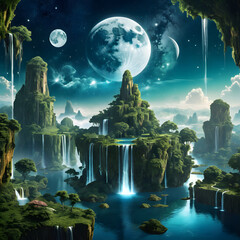 a breathtaking celestial landscape features floating islands with waterfalls, lush greenery