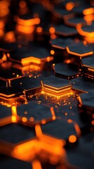 Poster - Abstract hexagonal background with glowing orange lines and dark texture, creating a futuristic and dynamic appearance.