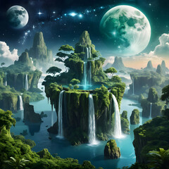 a breathtaking celestial landscape features floating islands with waterfalls, lush greenery