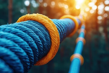 Wall Mural - Close-up of a Blue and Yellow Rope with a Blurred Forest Background