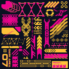 Wall Mural - cyberpunk y2k 2000s gaming futuristic icon pattern set collection template hud for branding fashion 