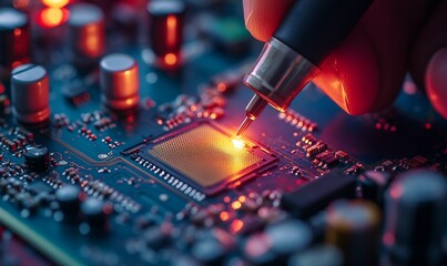 Poster - Close-up of a hand using a soldering iron to repair a circuit board with a glowing microchip.