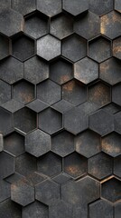 Poster - Abstract close-up of a dark, hexagonal pattern with metallic textures, creating a modern and futuristic atmosphere.