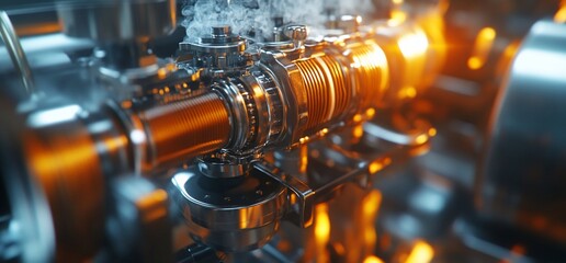 Poster - Close-up of a metallic machine with steam and glowing orange lights.