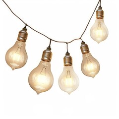 Poster - Five edison bulbs with visible filaments are hanging on a brown electrical wire, emanating a warm glow
