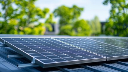 Close-up view of solar panels on the roof of a modern house with green trees nearby